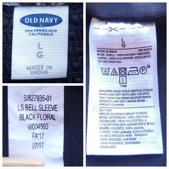 Old Navy Waist Defined Bell Sleeve Dress Sz L Black Dark Floral Prairie Cottage - Picture 6 of 10